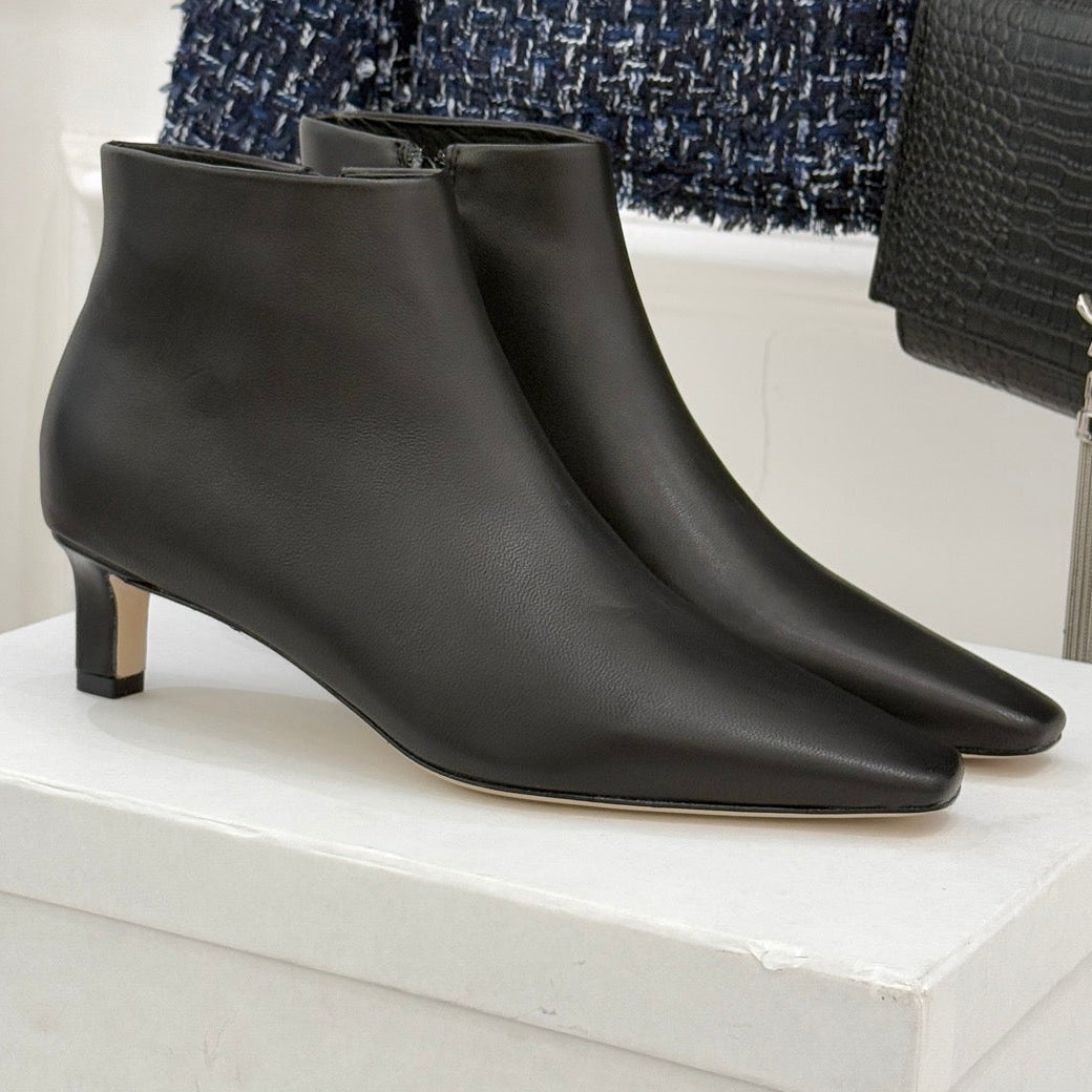 The Row 2025  Square Toe Kitten Heel Ankle Boot Black Sheepskin 572054