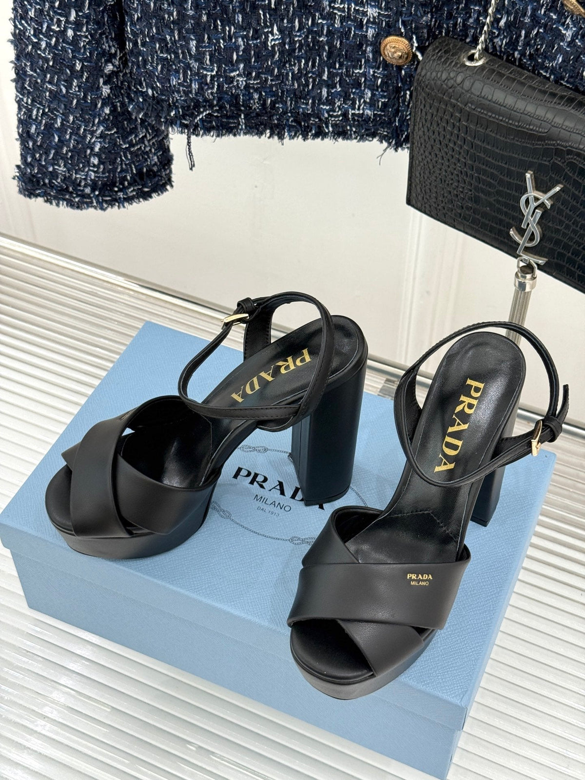 Prada 2026 Crisscross Platform Sandals 13cm Suede Leather 174856