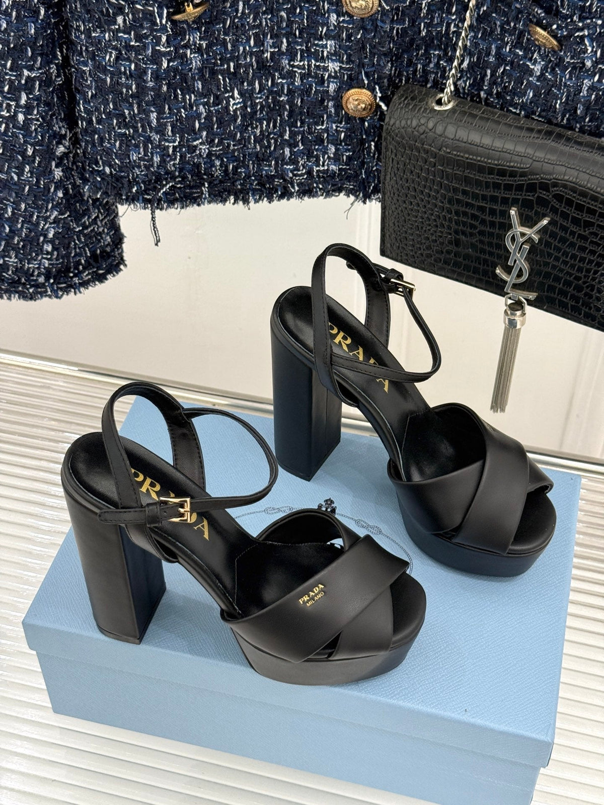 Prada 2026 Crisscross Platform Sandals 13cm Suede Leather 174856