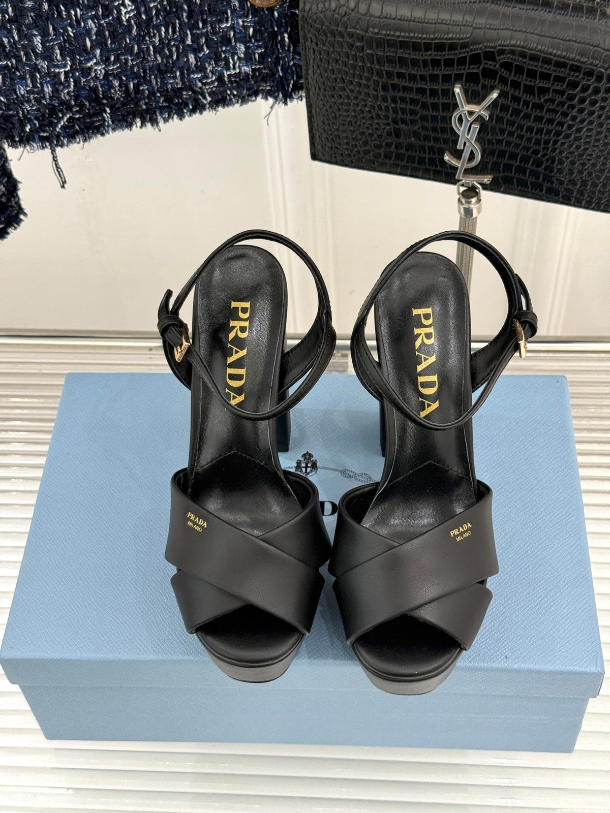 Prada 2026 Crisscross Platform Sandals 13cm Suede Leather 174856