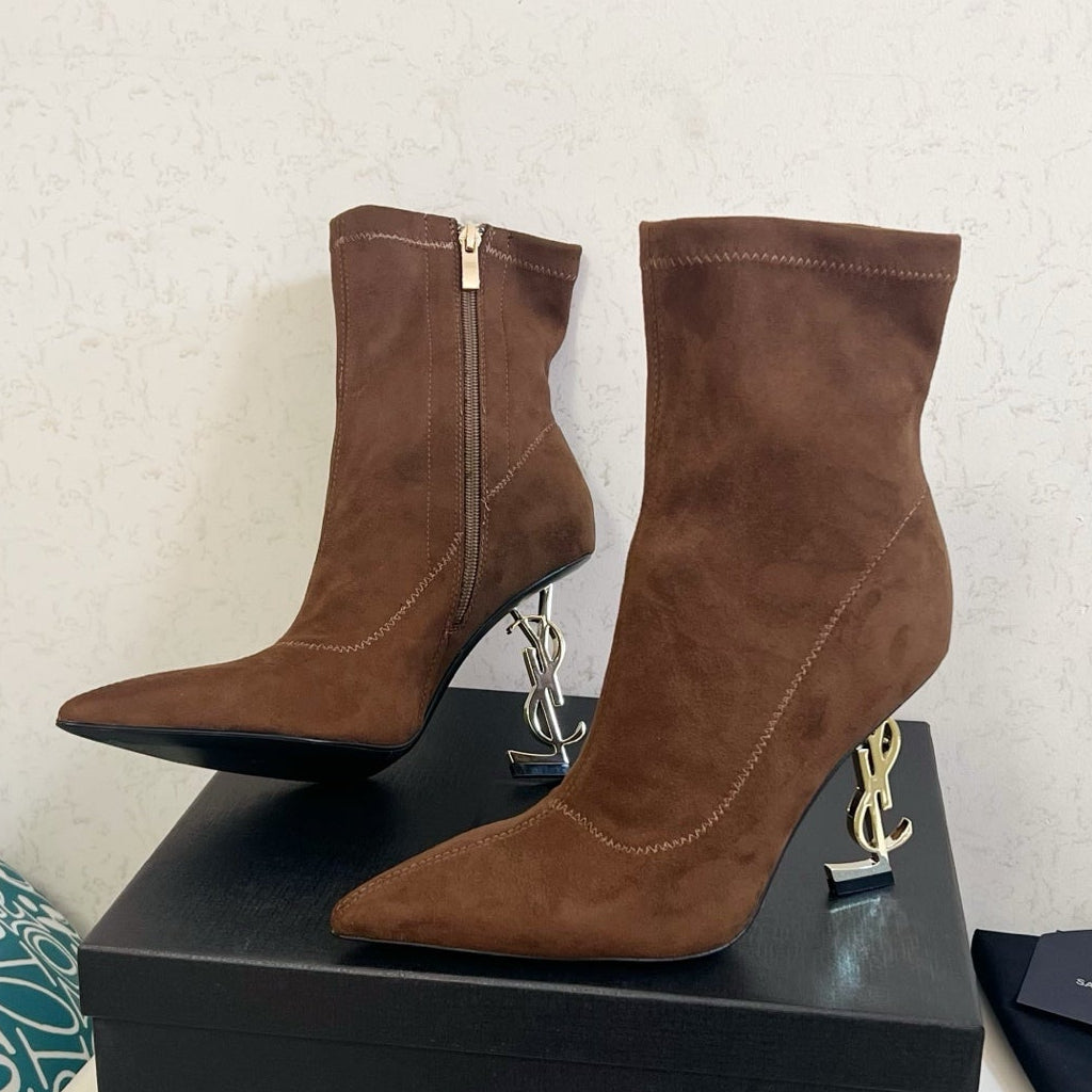 YSL 2025 Opyum 110mm Heel Ankle Boot Brown Suede 575010