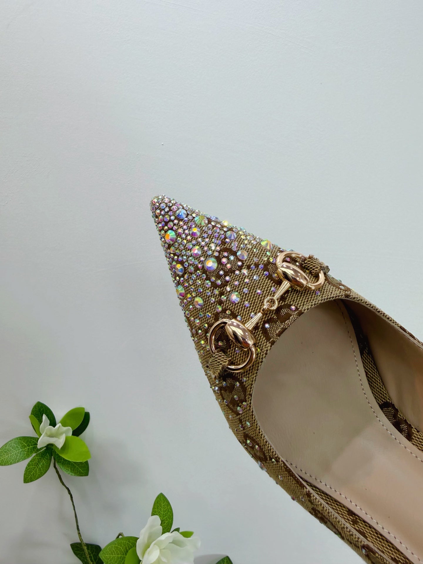 GG 26 Slingback Rhinestones Beige Brown Fabric 592425