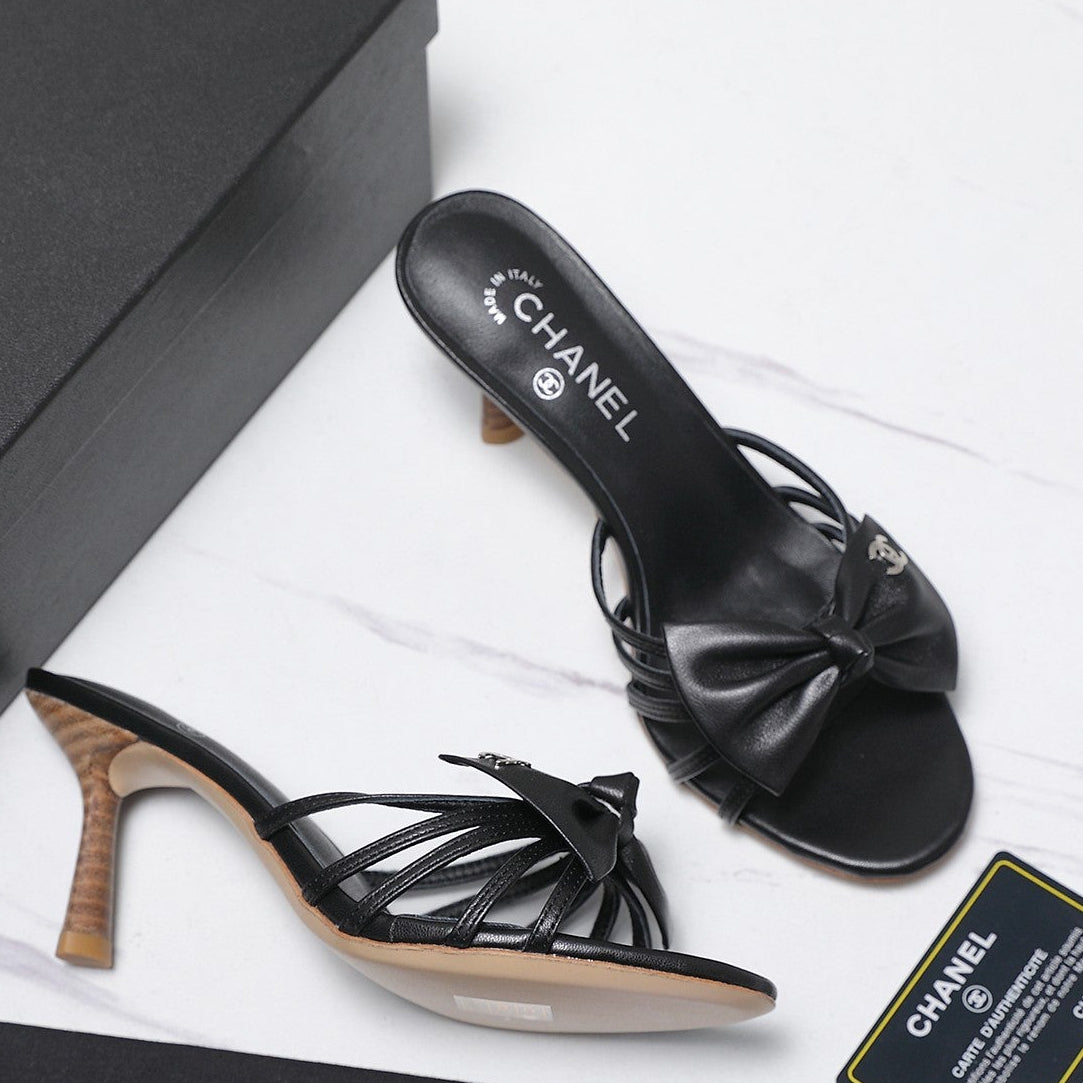 Chanel 2026 High-heeled Sandals With Delicate Bow 80mm Black Cowhide 758430