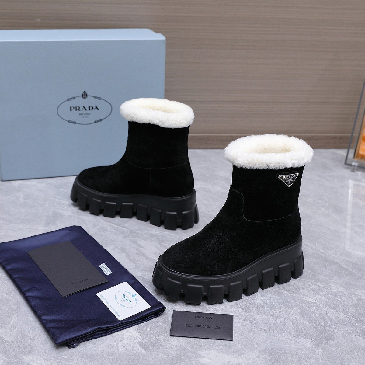 Prada 2026 Platform Ankle Boots 65mm Suede Wool 170757