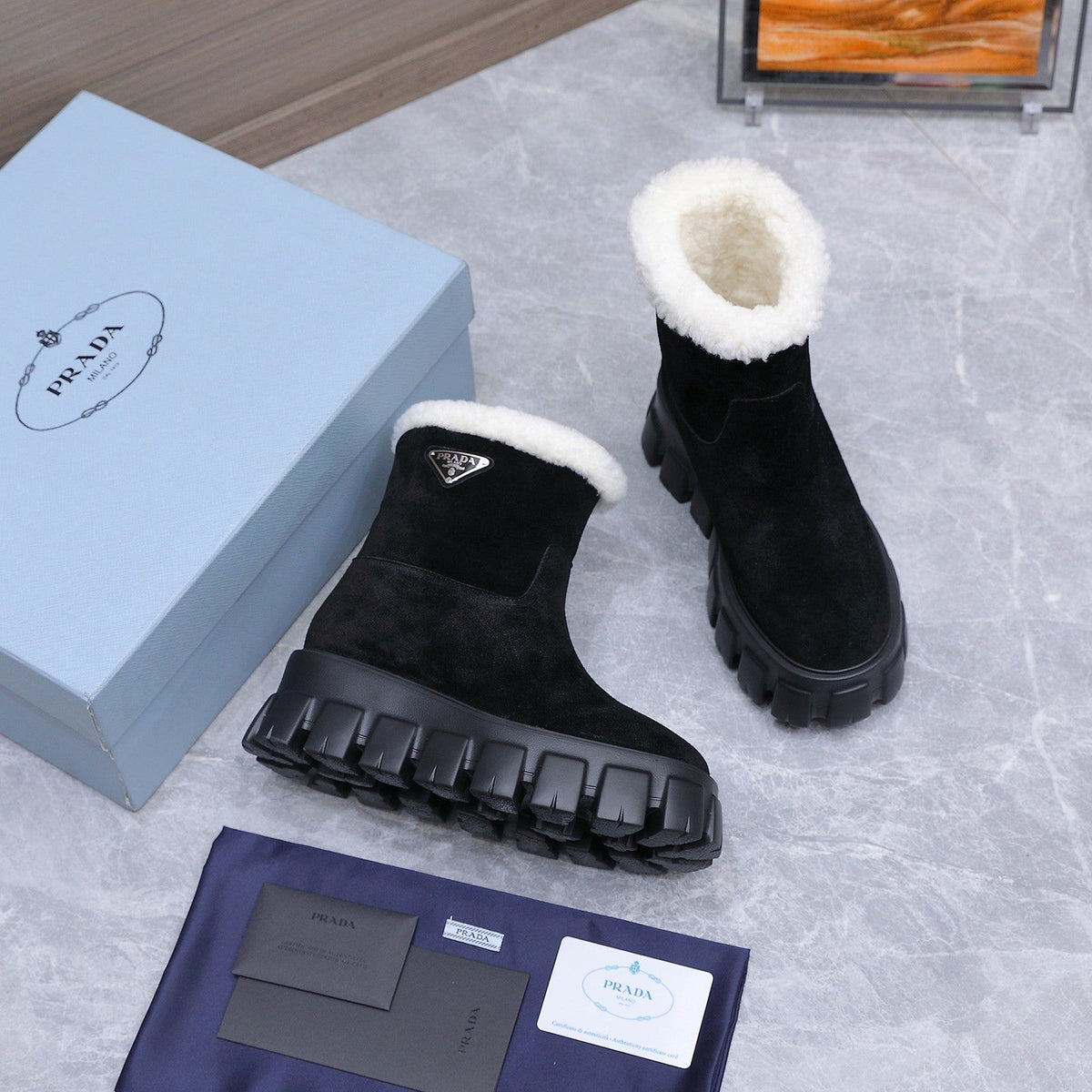 Prada 2026 Platform Ankle Boots 65mm Suede Wool 170757