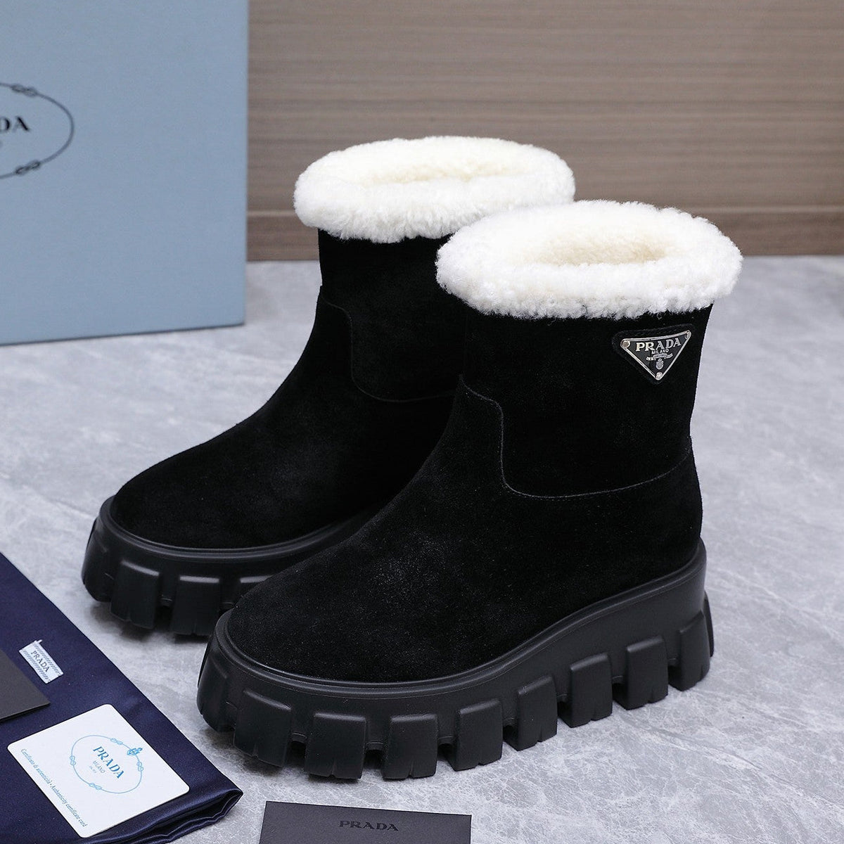 Prada 2026 Platform Ankle Boots 65mm Suede Wool 170757