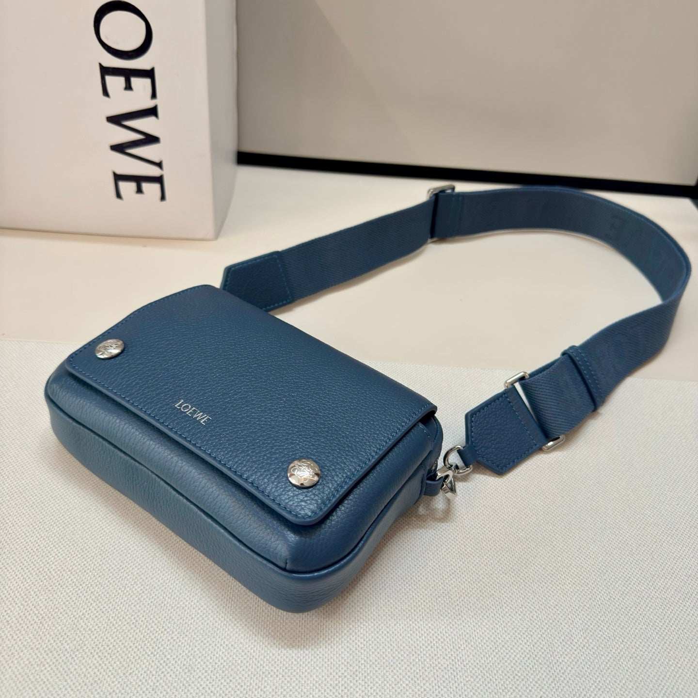 Loewe 2025 Small Pebble Messenger Bag Indigo Blue Grained Calfskin 274589