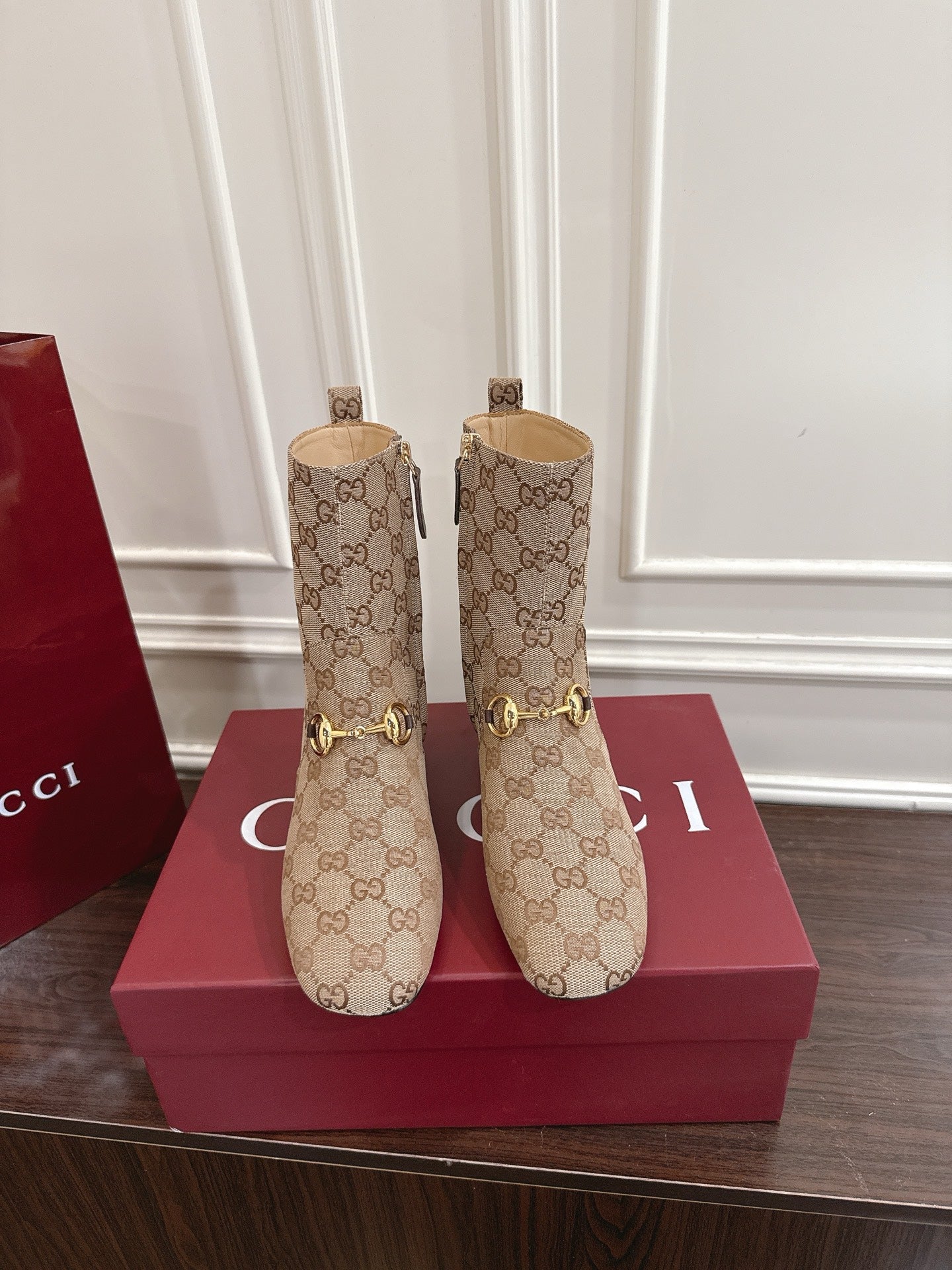 Gucci Horsebit Chunky Heel Ankle Boots Brown Beige Cowhide Fabric 490559