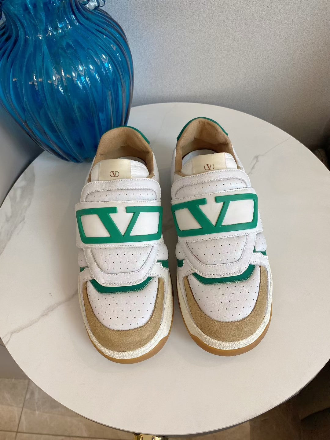 VT 25S Couple Sneakers White Tan Green Calfskin Suede 563100