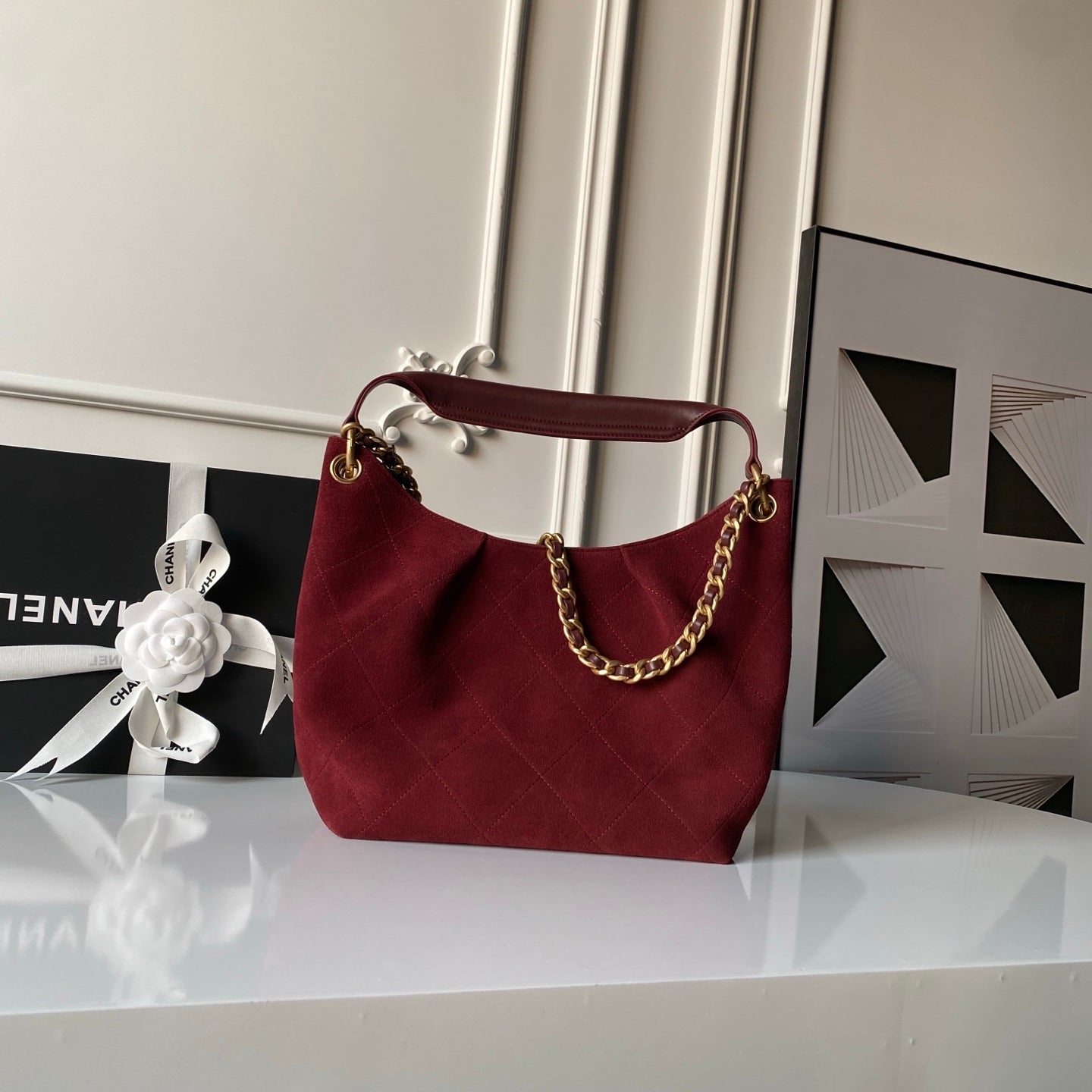 Chanel 2025 Hobo Bag 31cm Red Suede With Gold Hardware 320285
