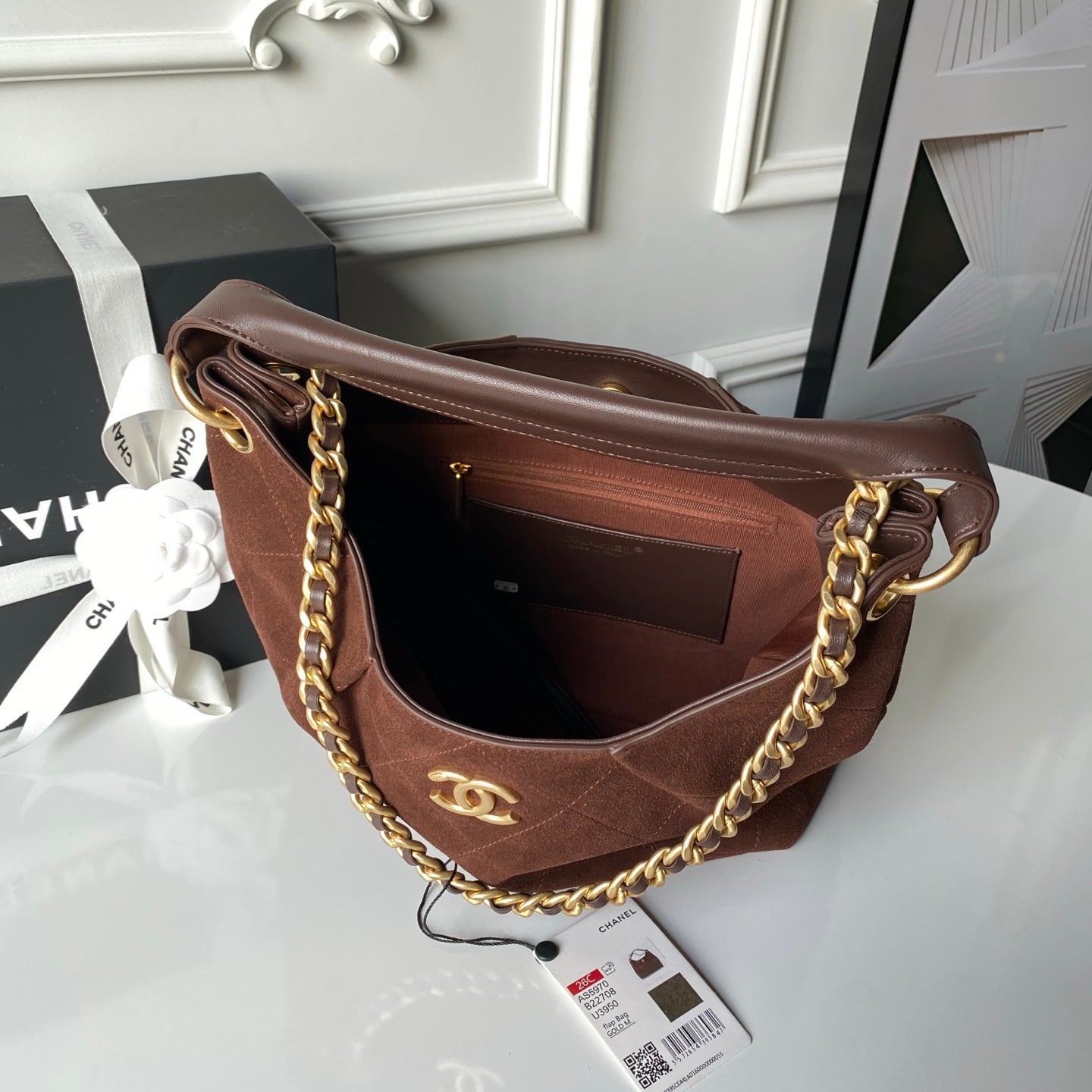 Chanel 2025 Hobo Bag 31cm Dark Brown Suede With Gold Hardware 320286