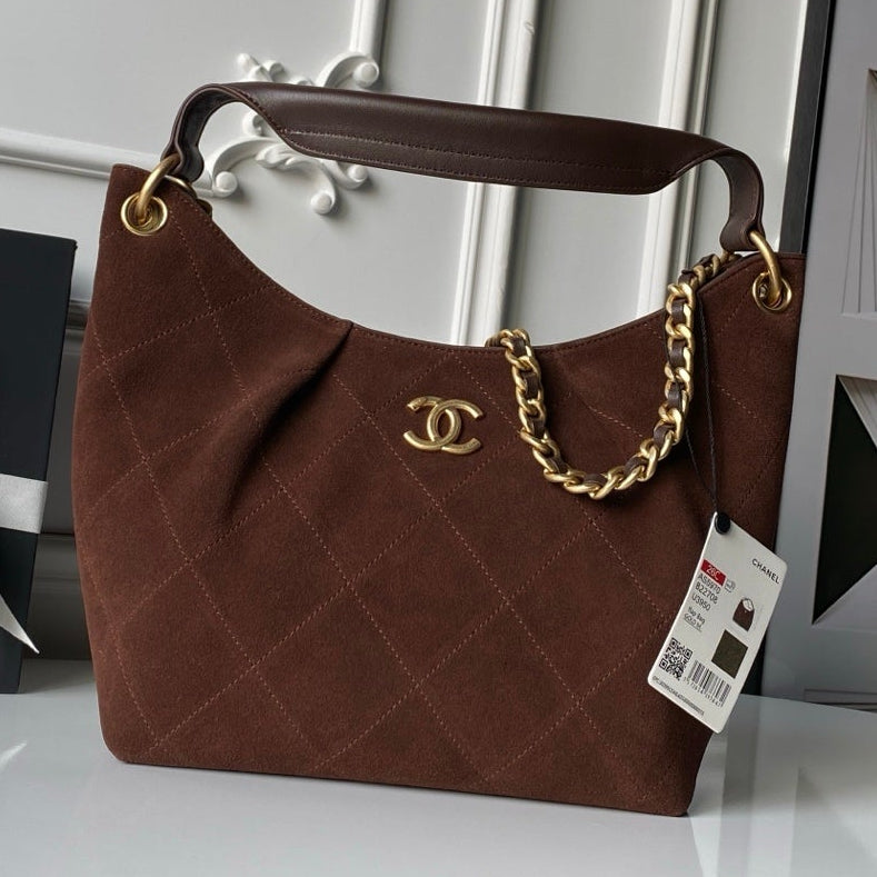 Chanel 2025 Hobo Bag 31cm Dark Brown Suede With Gold Hardware 320286