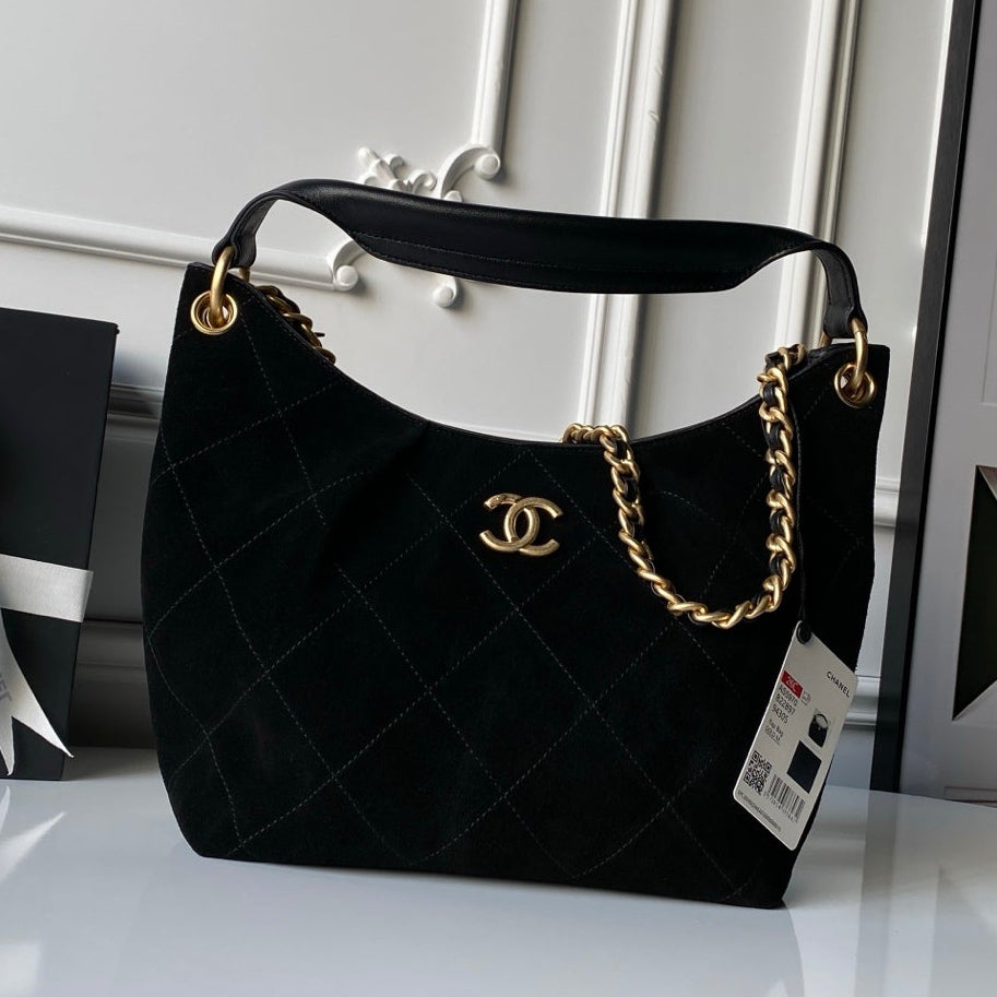 Chanel 2025 Hobo Bag 31cm Black Suede With Gold Hardware 320288