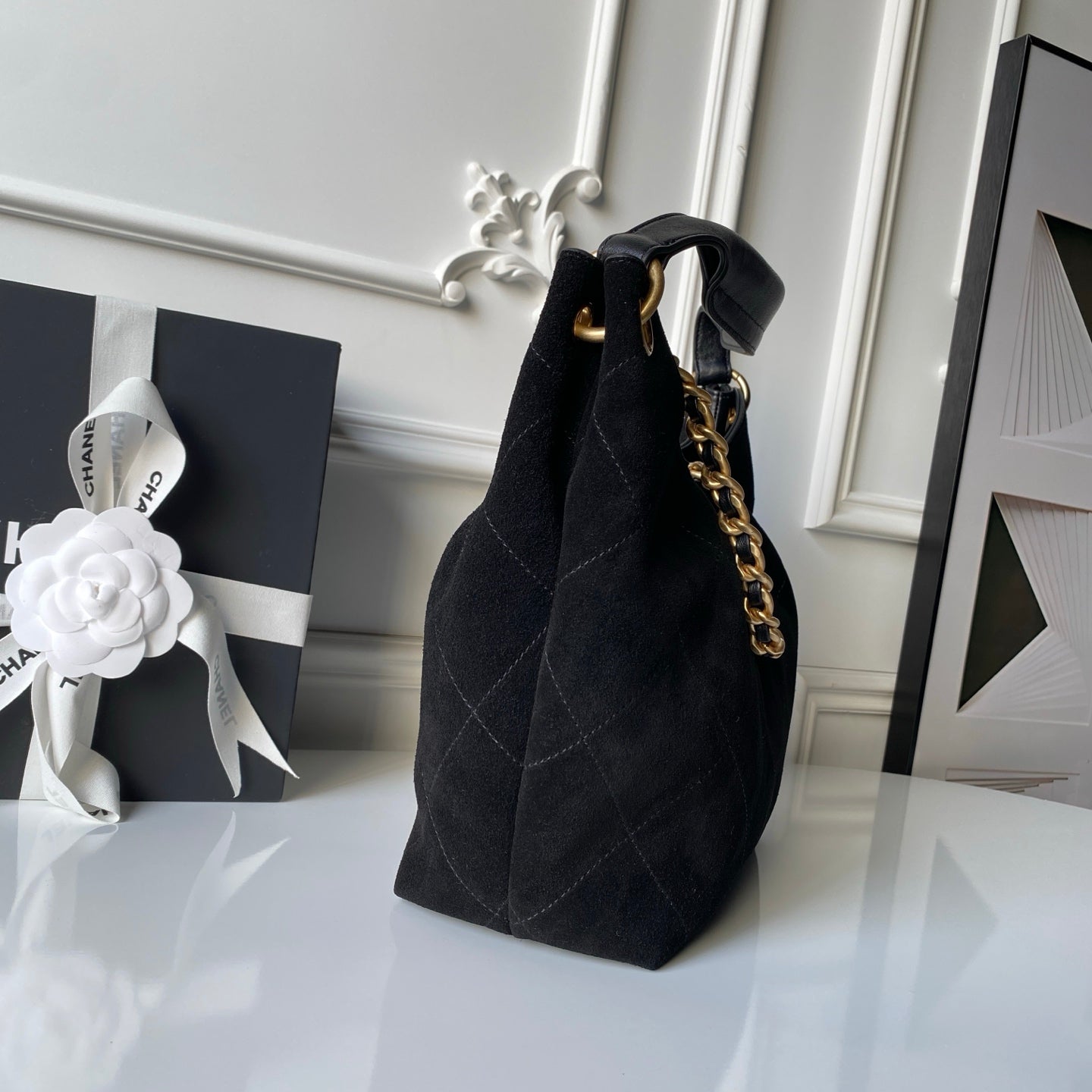 Chanel 2025 Hobo Bag 31cm Black Suede With Gold Hardware 320288