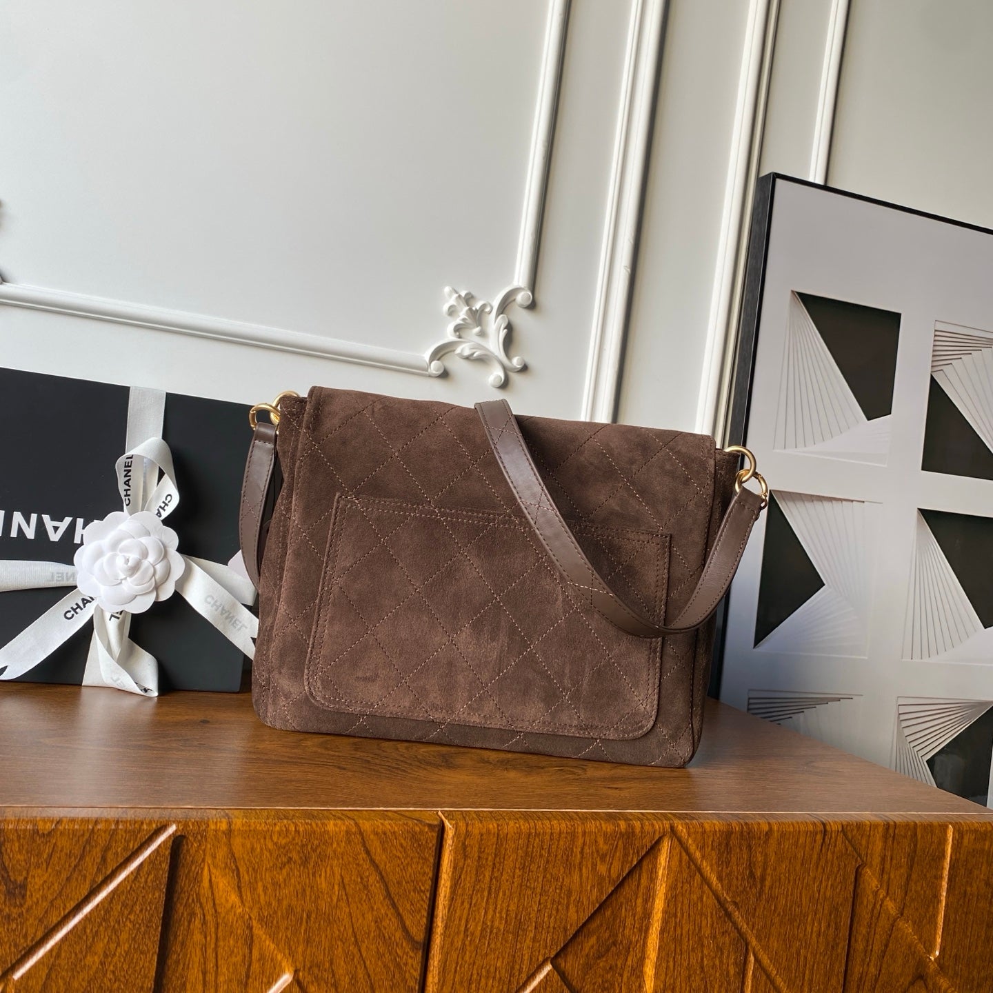 Chanel 2025 Messenger Bag 30cm Brown Suede Gold Hardware 321011