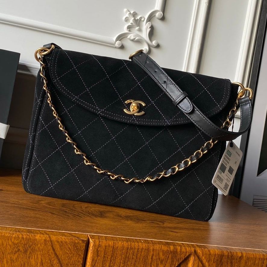 Chanel 2025 Messenger Bag 30cm Black Suede Gold Hardware 321012