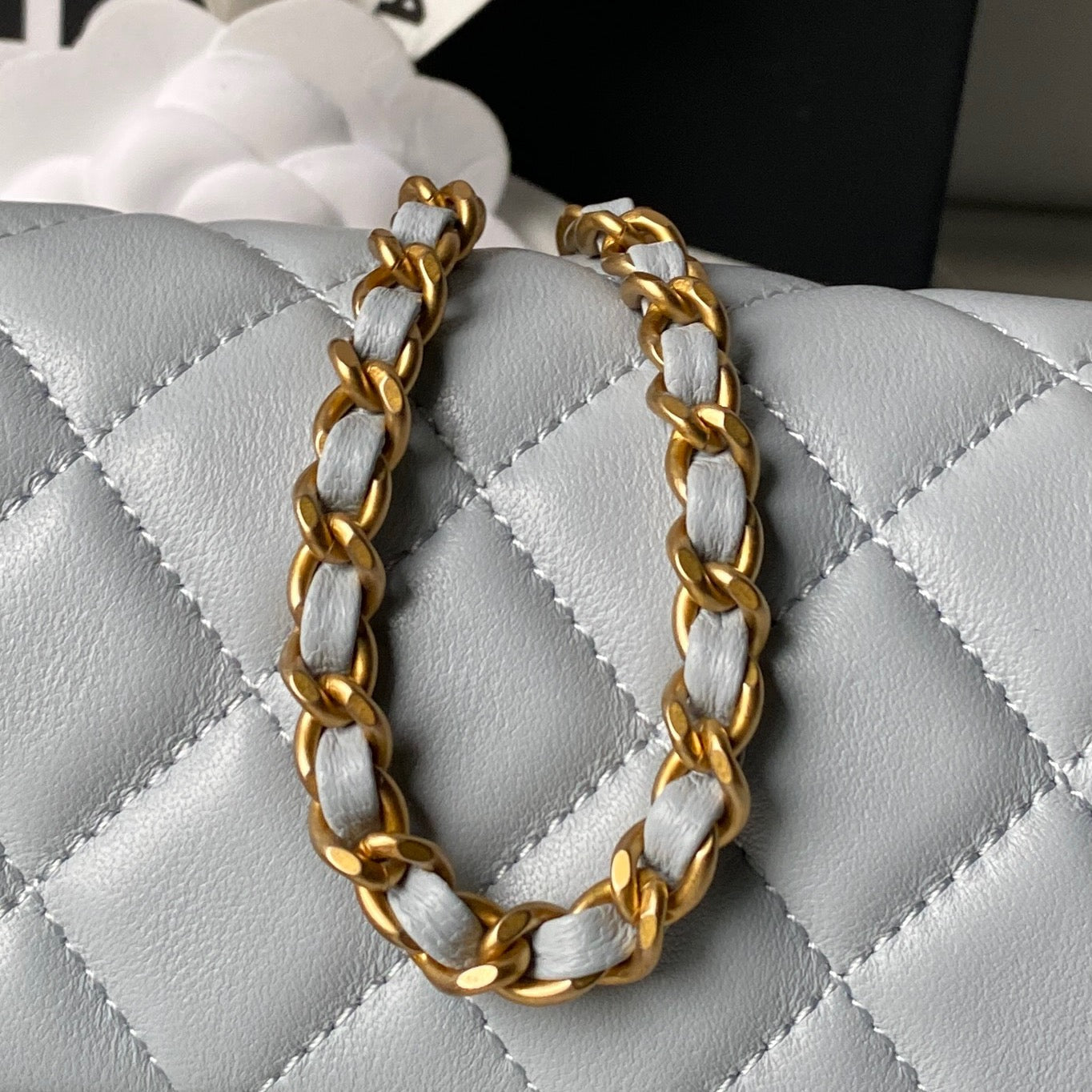 Chanel 25 Rectangular Pearl Crush Bag 20cm Light Blue Lambskin 324819