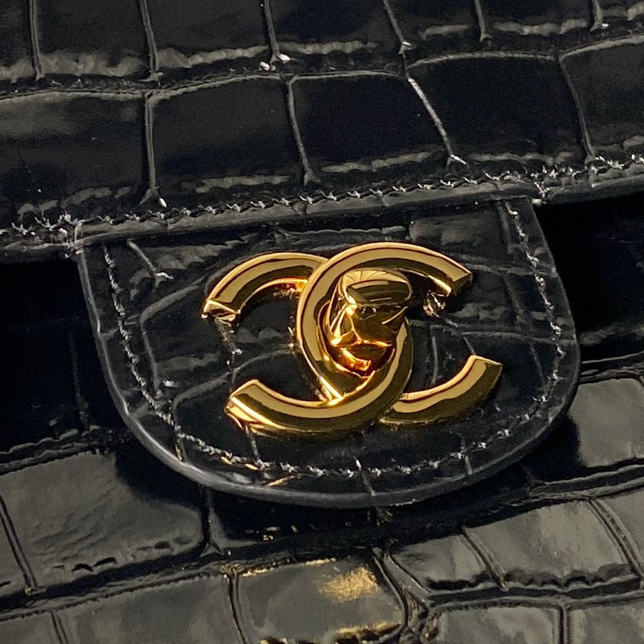 Chanel 2026 Crocodile Embossed Maxi Bag 39cm Black Calfskin