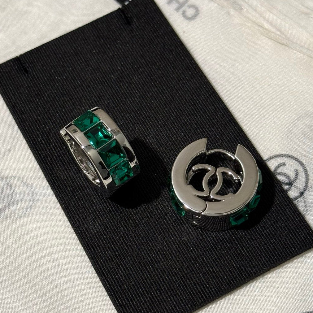 Chanel 2026 Emerald Square Diamond Silver Double C Hoop Earrings Stud Earrings