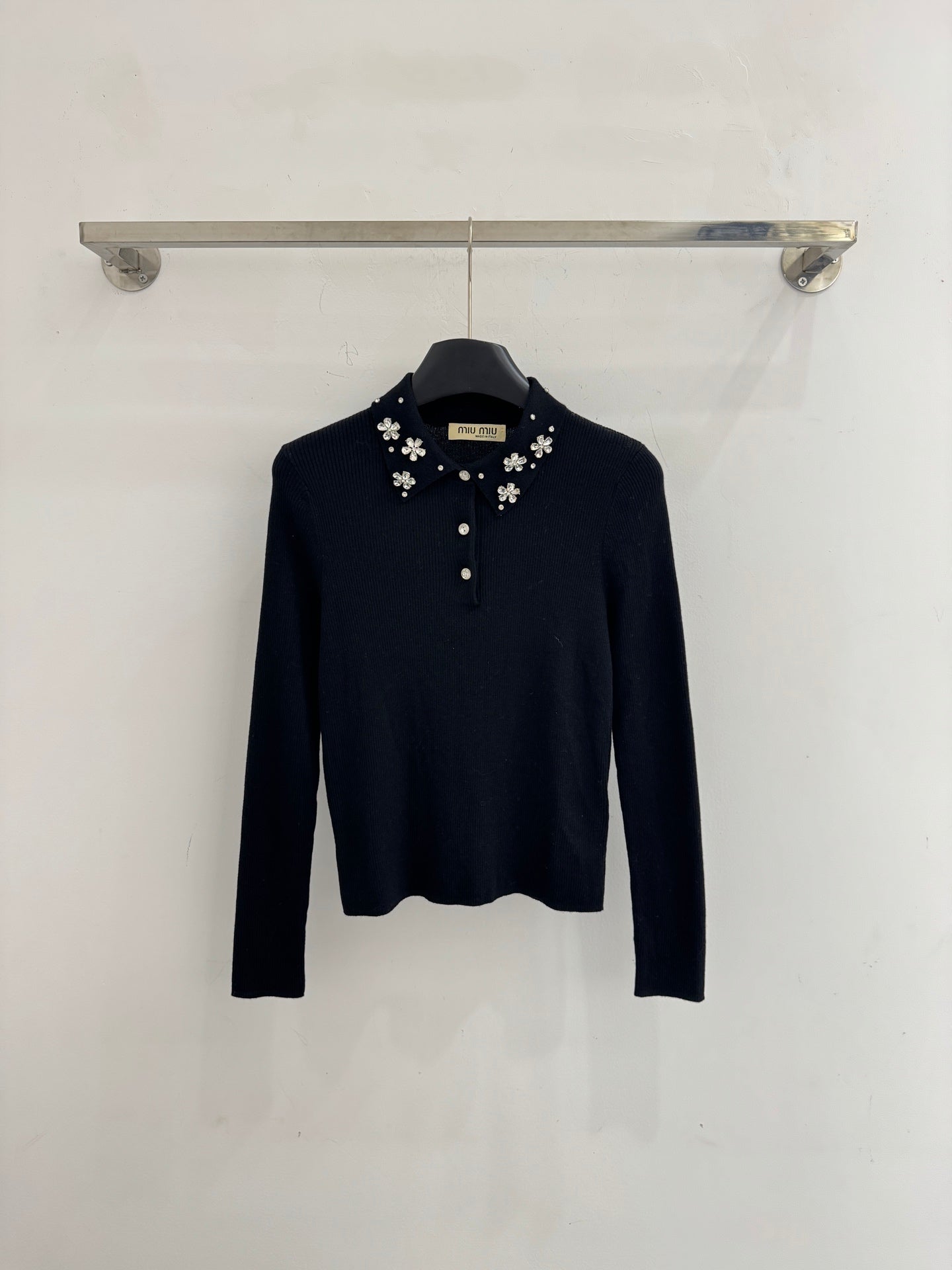Miumiu 2025  Beaded Collar Long-Sleeve Knit Sweate Wool