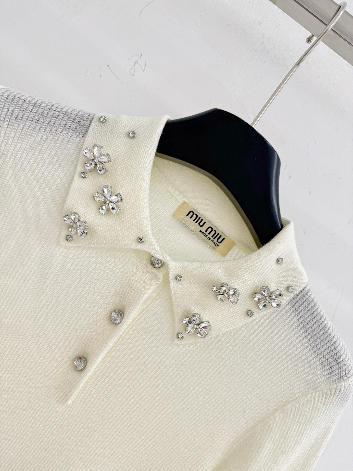 Miumiu 2025  Beaded Collar Long-Sleeve Knit Sweate Wool