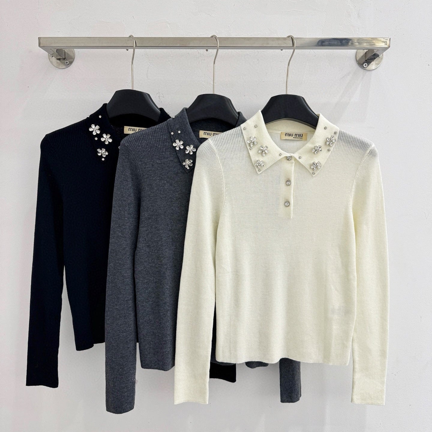 Miumiu 2025  Beaded Collar Long-Sleeve Knit Sweate Wool