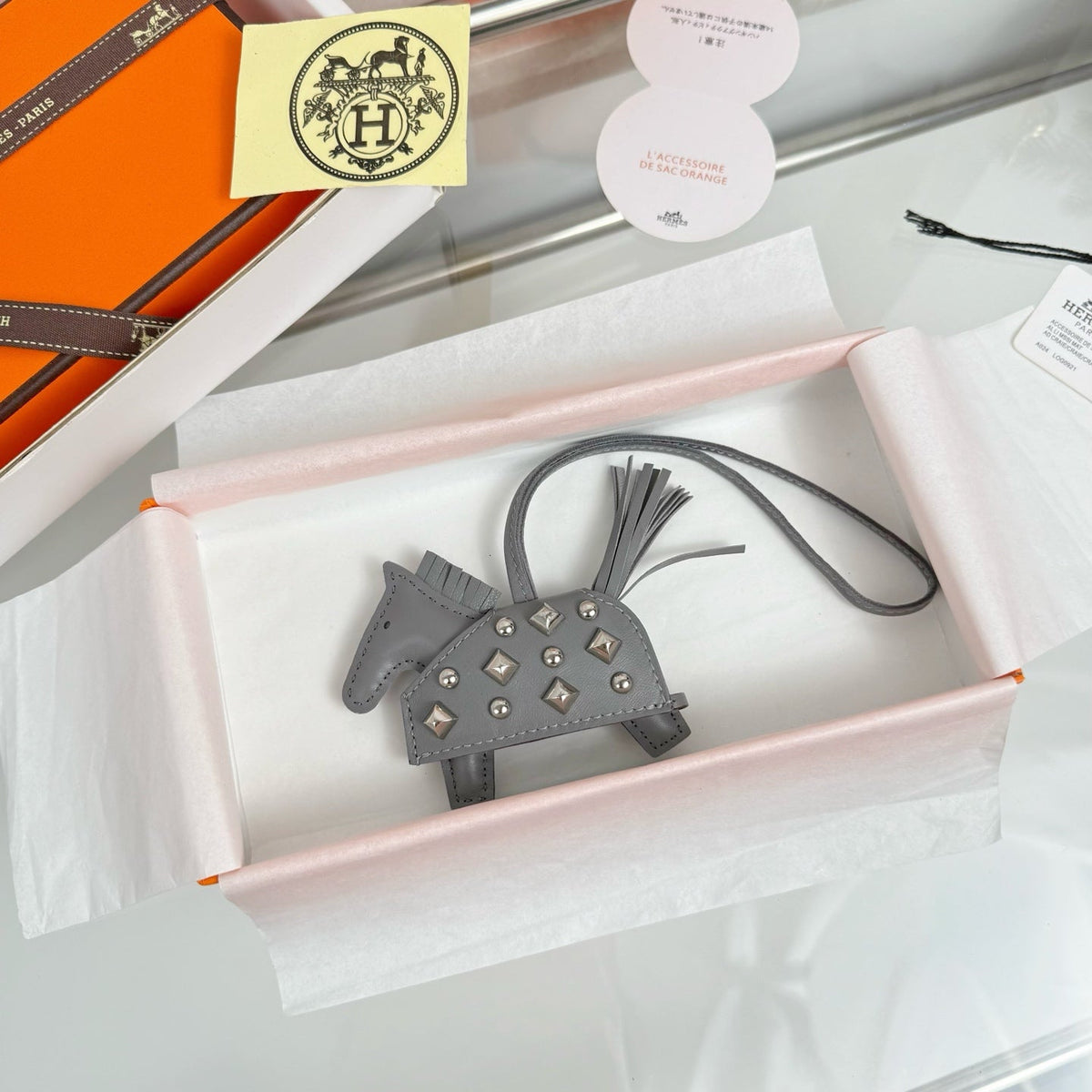 HM Rodeo Robeo Coeur Pony Bag Charm With Silver-tone Studs Gray Lambskin