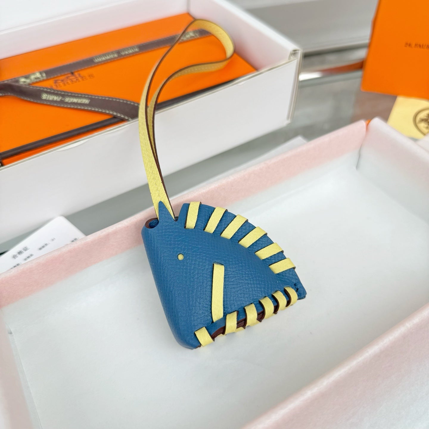 HM Horse Head Charm Blue Yellow Calfskin