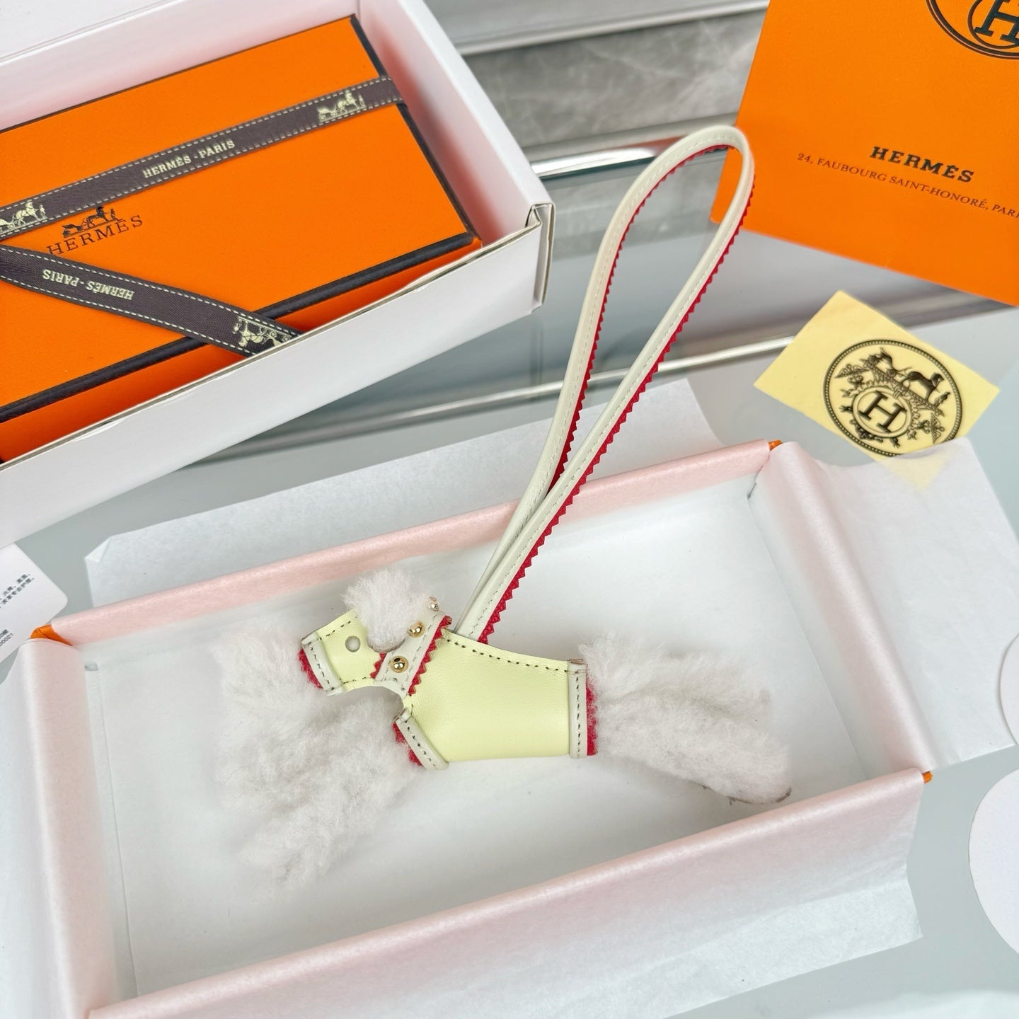 HM Budy Puppy Pendant Charm White Light Yellow Wool Cowhide