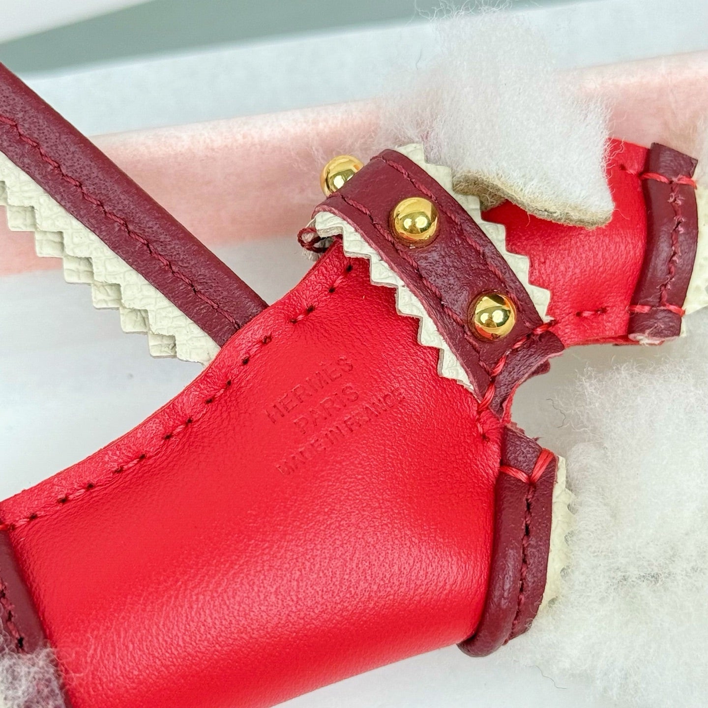 HM Budy Puppy Pendant Charm White Red Wool Cowhide