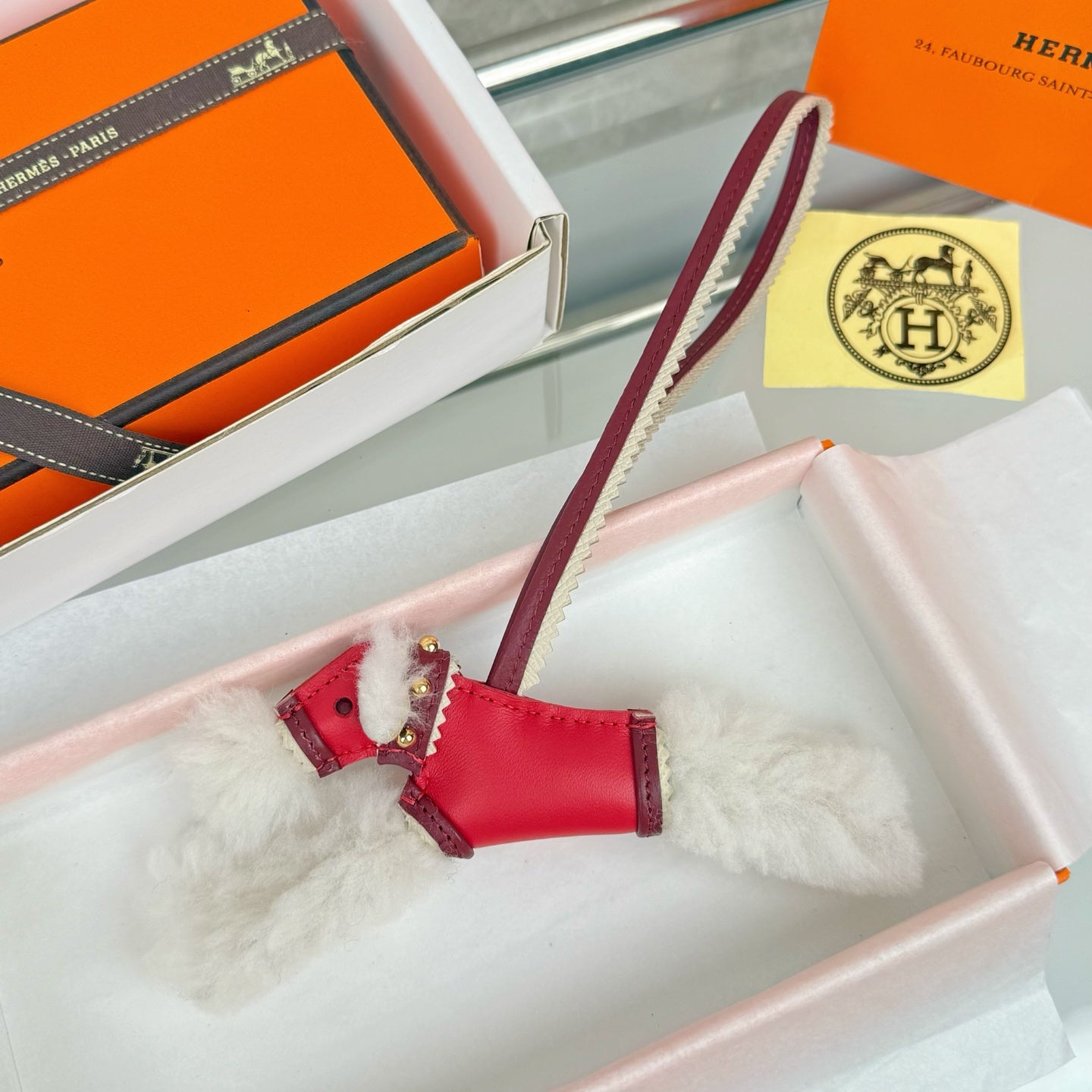 HM Budy Puppy Pendant Charm White Red Wool Cowhide