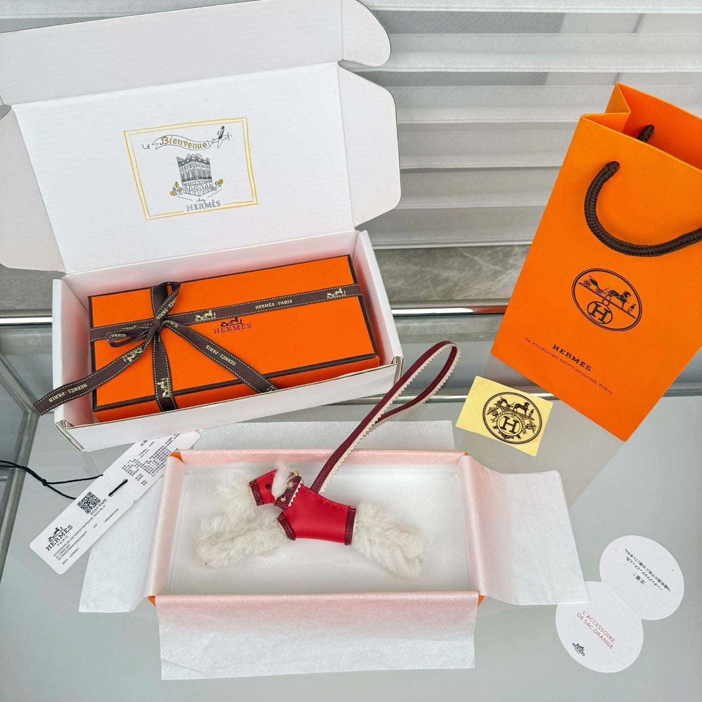 HM Budy Puppy Pendant Charm White Red Wool Cowhide