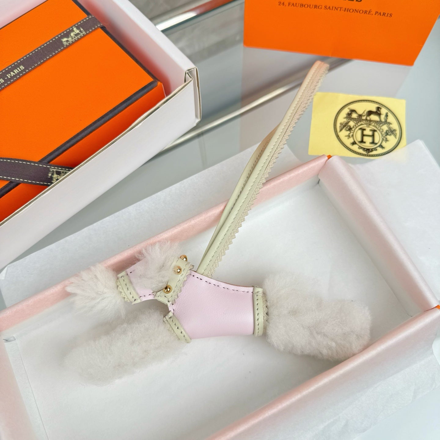 HM Budy Puppy Pendant Charm White Pink Wool Cowhide