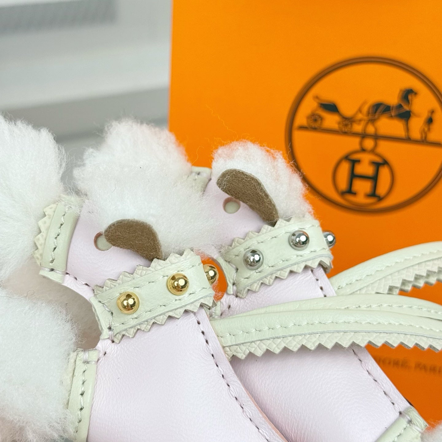 HM Budy Puppy Pendant Charm White Pink Wool Cowhide