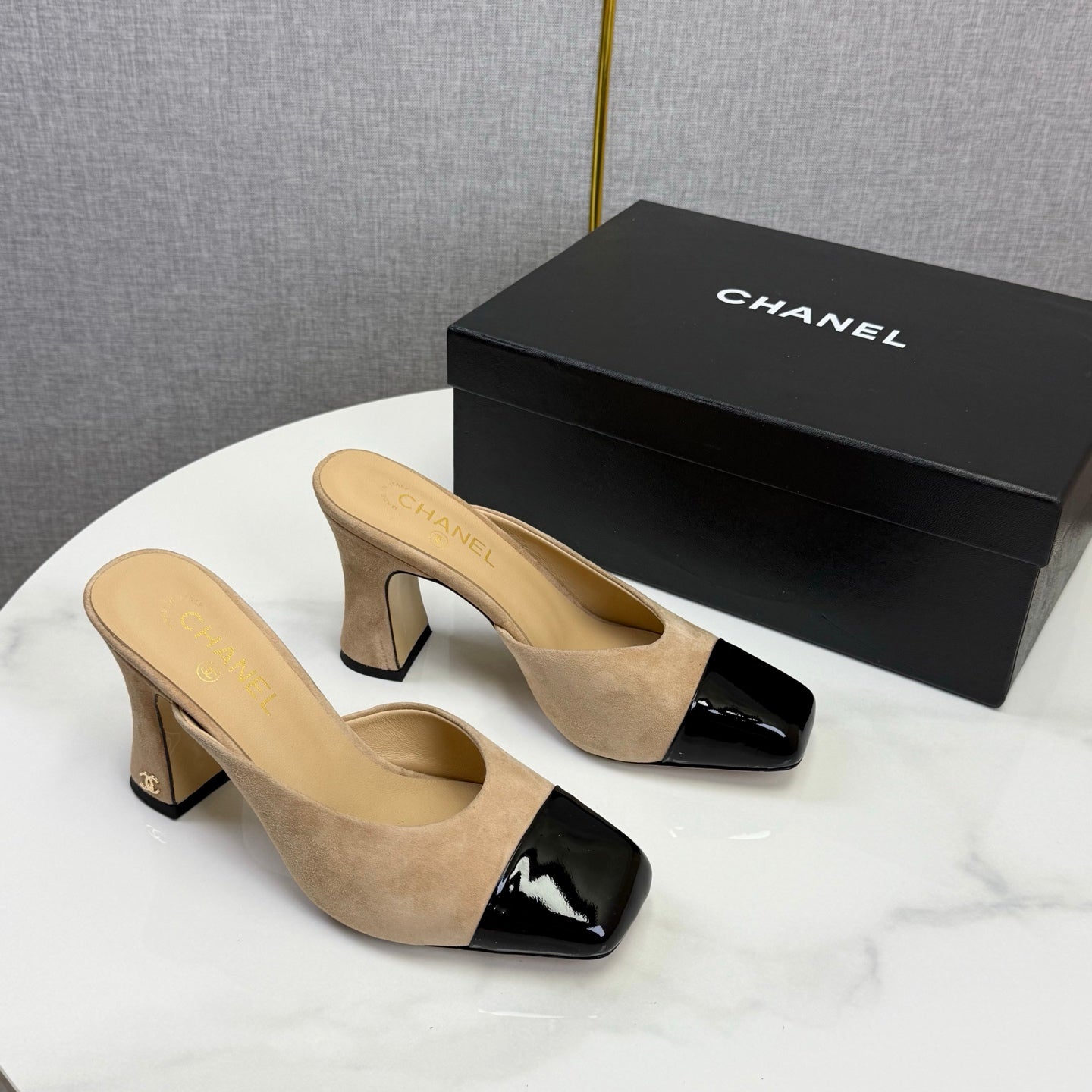 Chanel 2026 Double C Square-toe Sandal 70mm Beige Black Suede Leather 619768
