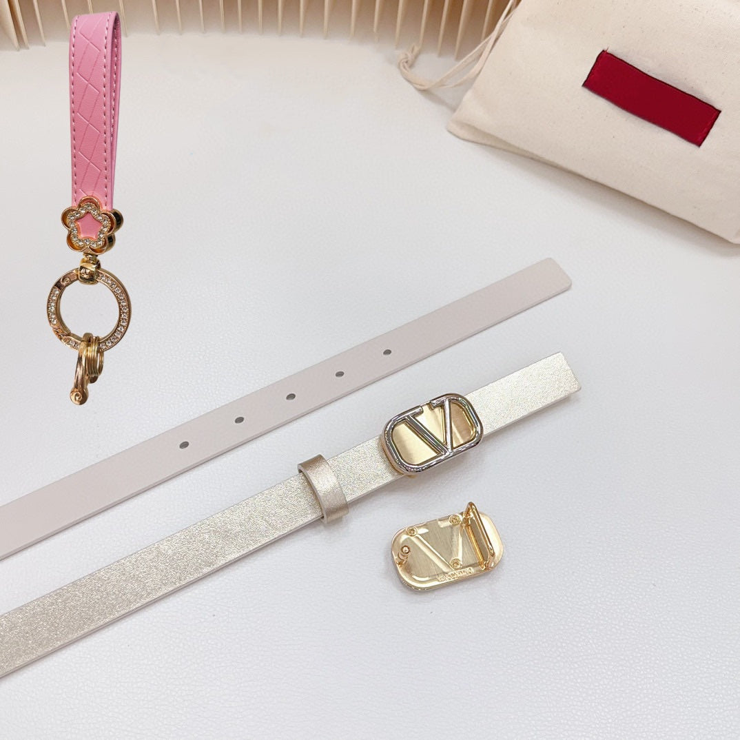 Gold Vlogo and Silver Hardware Buckle Gold White Calfskin 20mm