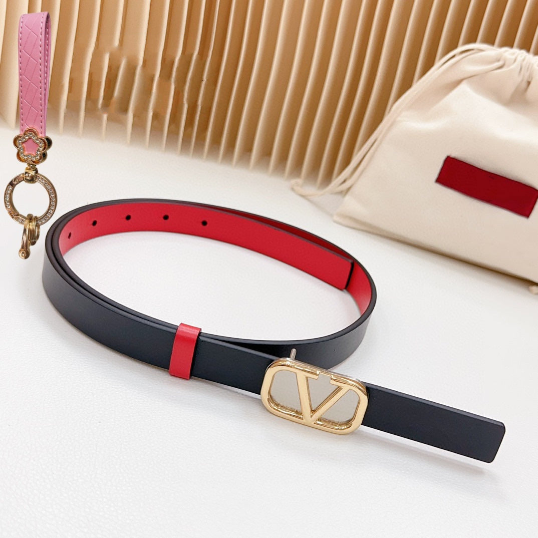 Gold Vlogo and Silver Hardware Buckle Black Red Calfskin 20mm