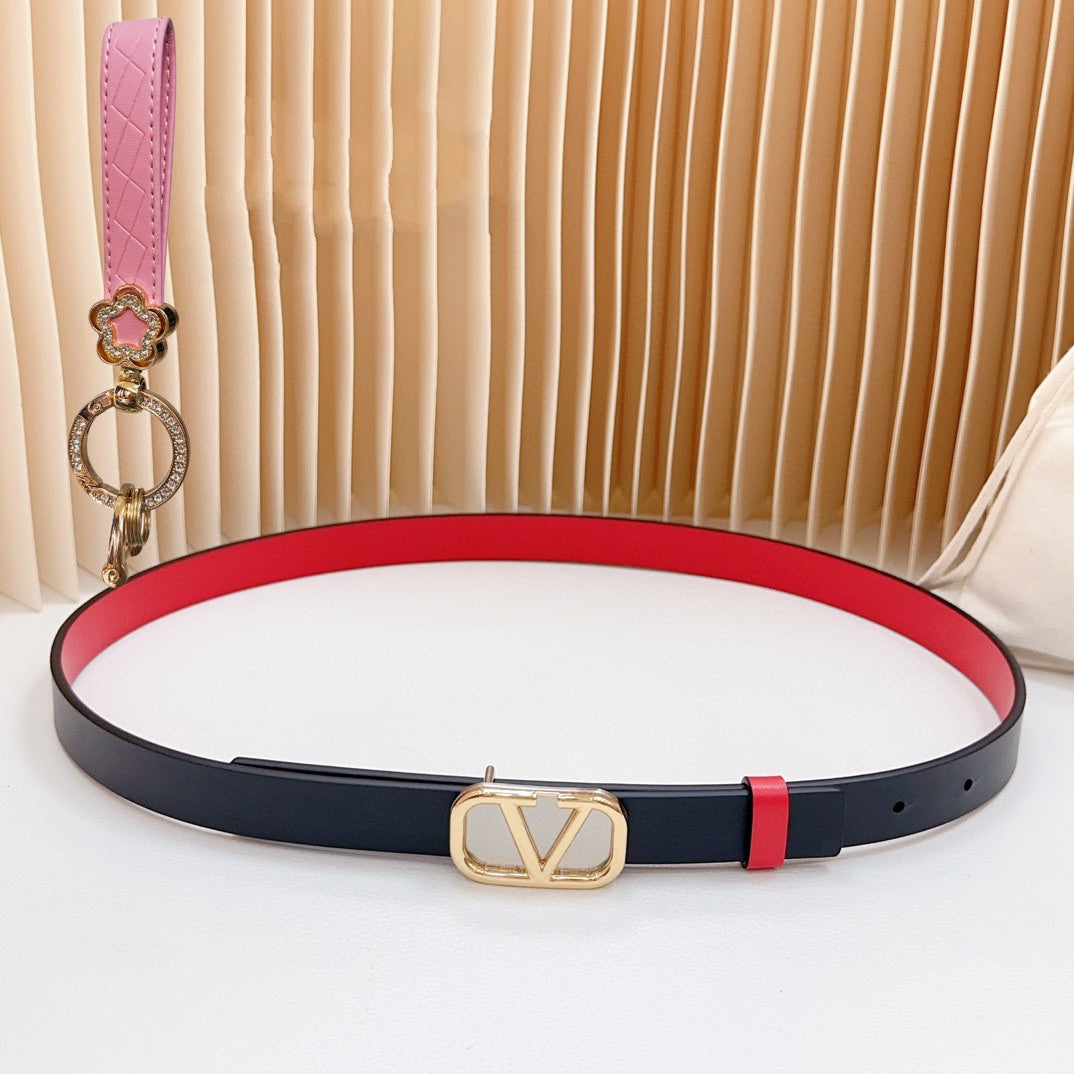Gold Vlogo and Silver Hardware Buckle Black Red Calfskin 20mm