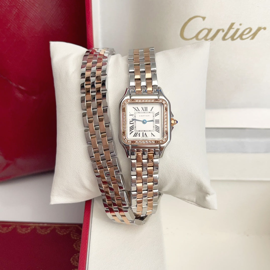 Panthere 22mm Pink Gold Silver Diamond Bezel Double Chain 44cm