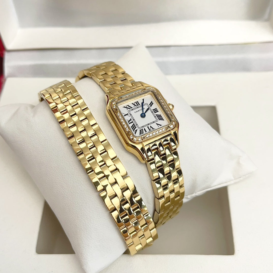 Panthere 22mm Gold Diamond Bezel Double Chain 44cm
