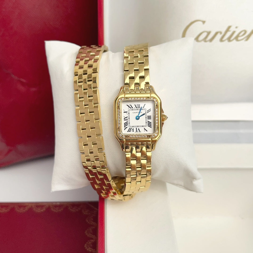 Panthere 22mm Gold Diamond Bezel Double Chain 44cm