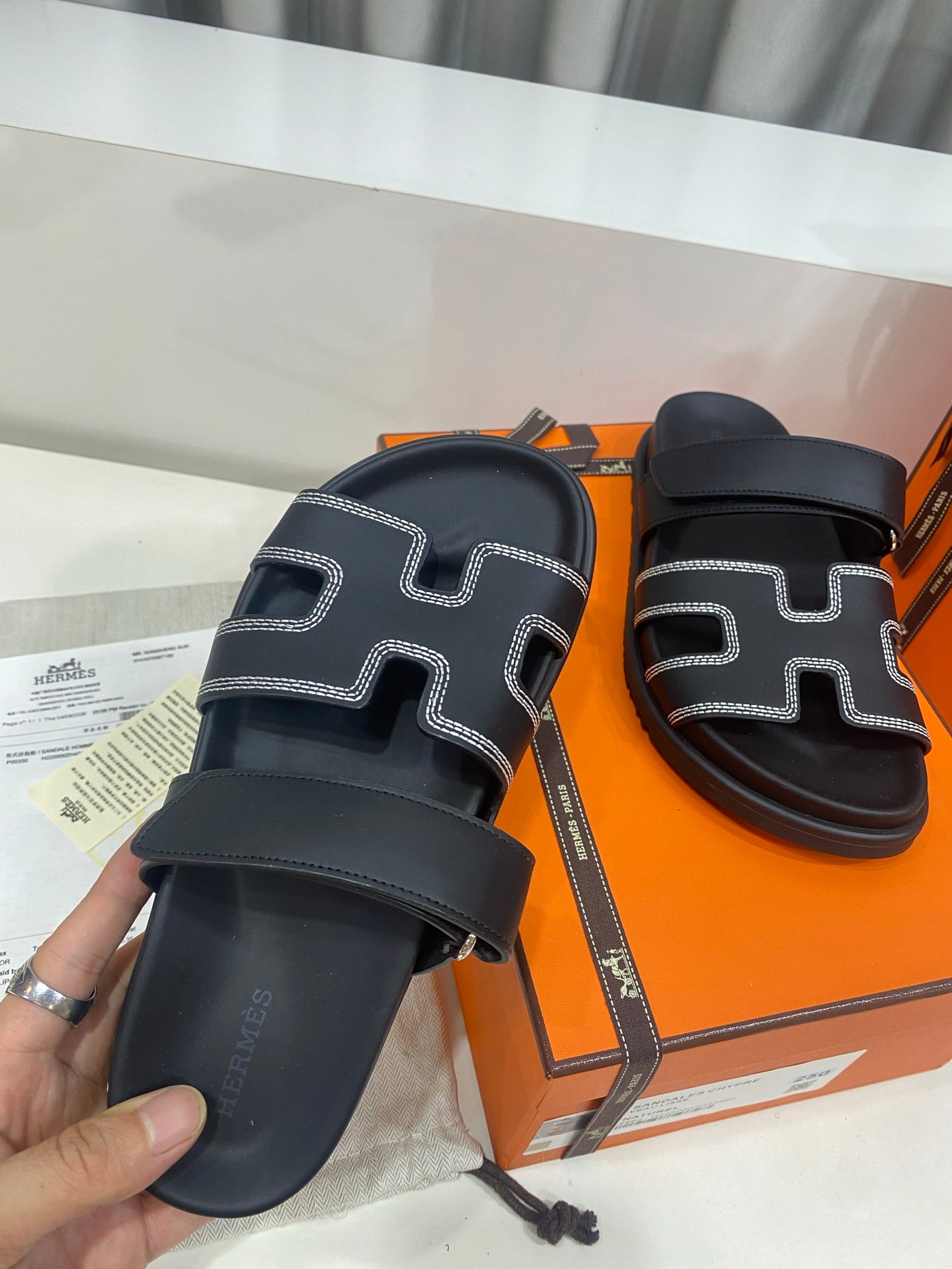 Hermes 2026 Chypre Sandal Black Mix White Stitched Calfskin 957546