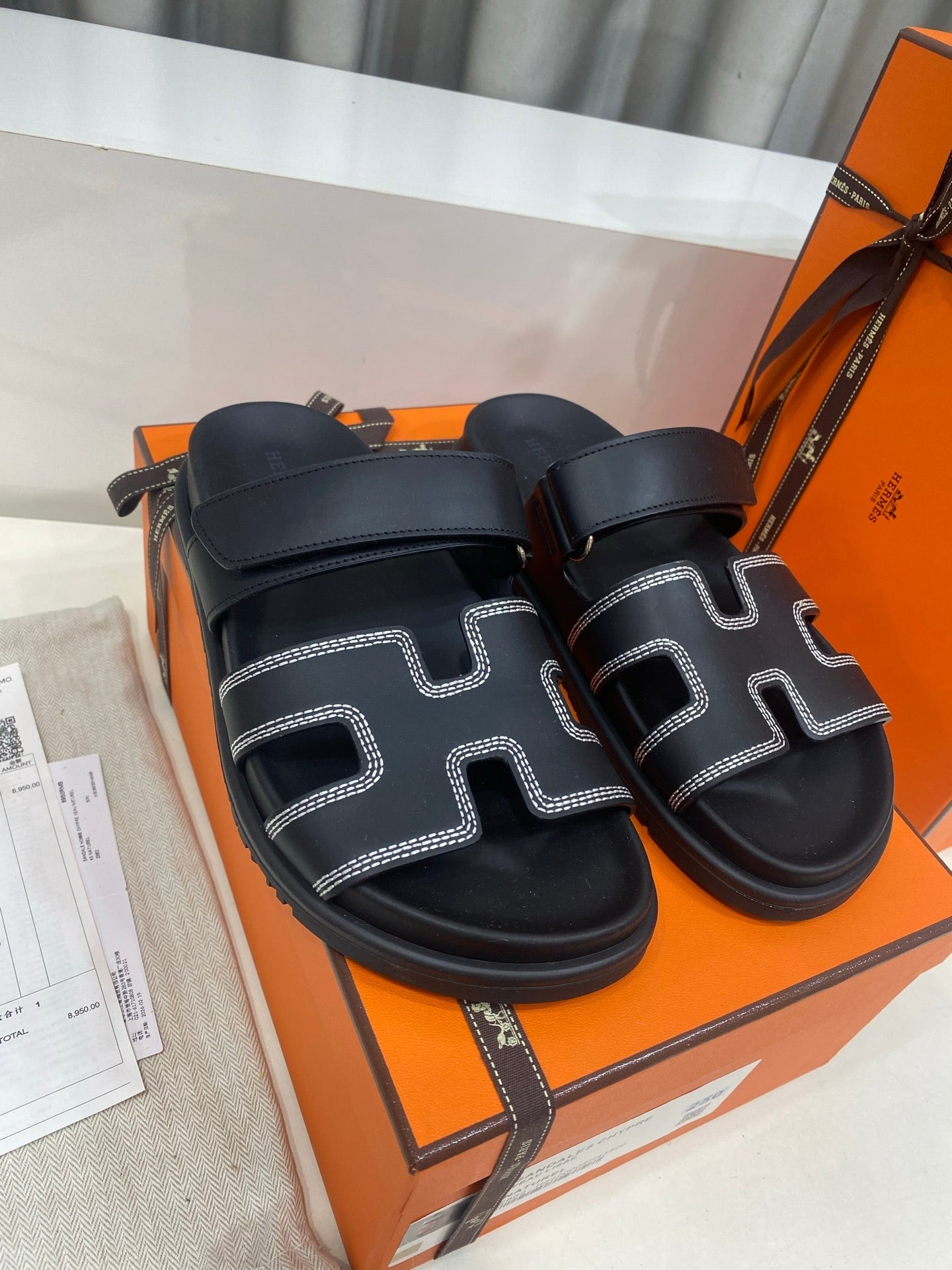 Hermes 2026 Chypre Sandal Black Mix White Stitched Calfskin 957546