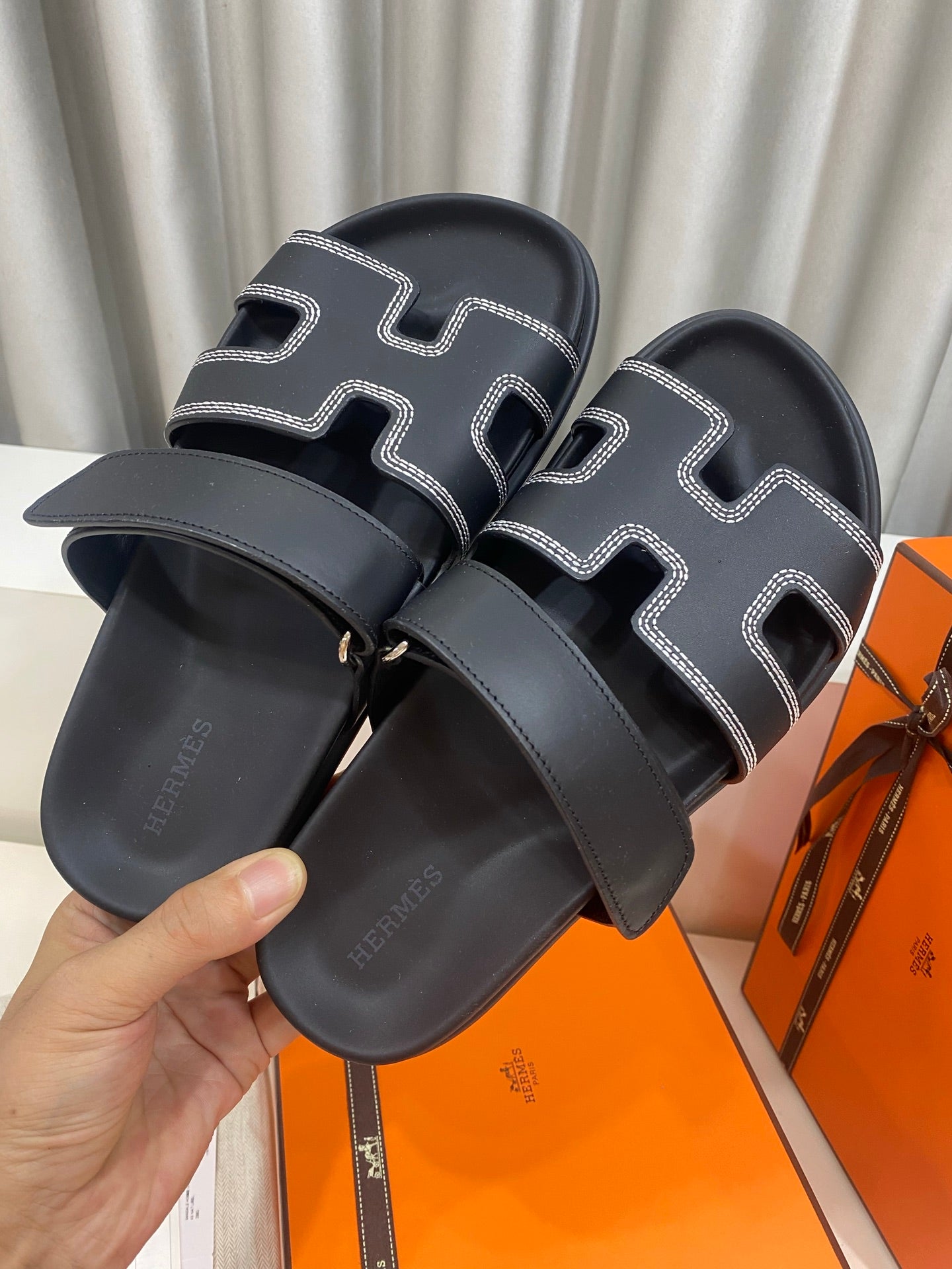 Hermes 2026 Chypre Sandal Black Mix White Stitched Calfskin 957546