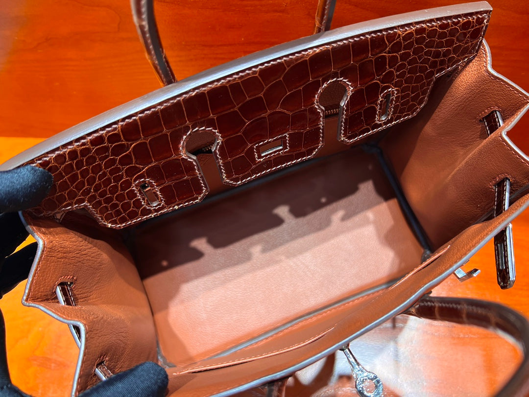 High-end Hermes 2026 Birkin 25cm Brick Red Crocodile/Ostrich Leather