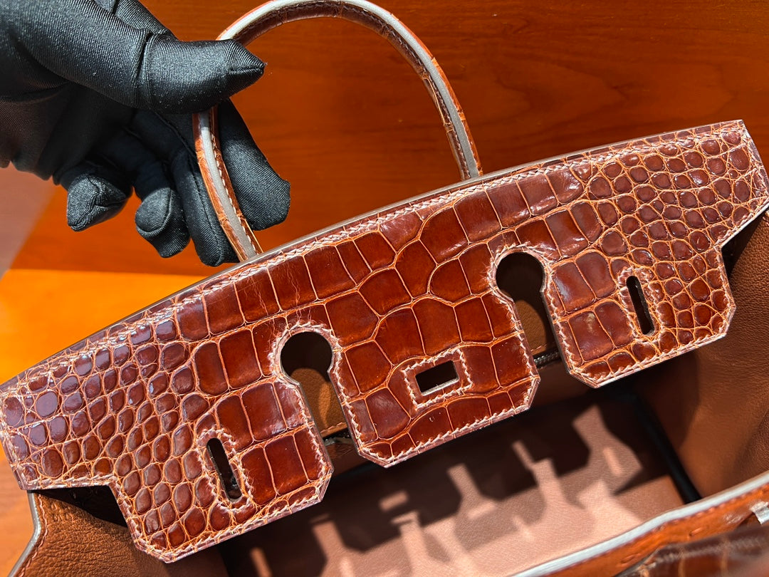High-end Hermes 2026 Birkin 25cm Brick Red Crocodile/Ostrich Leather