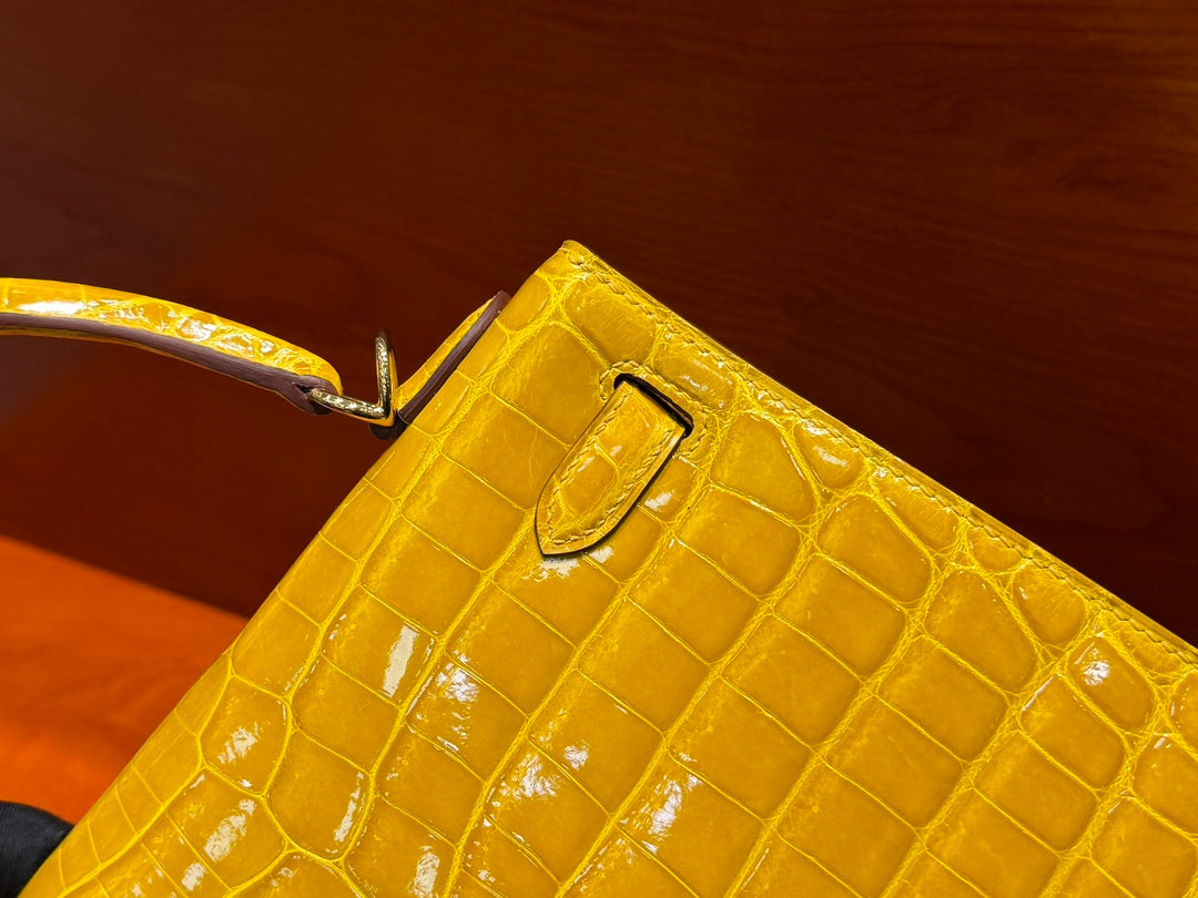 High-end Hermes 2026 Kelly Bag 25cm Bright Yellow Crocodile Leather