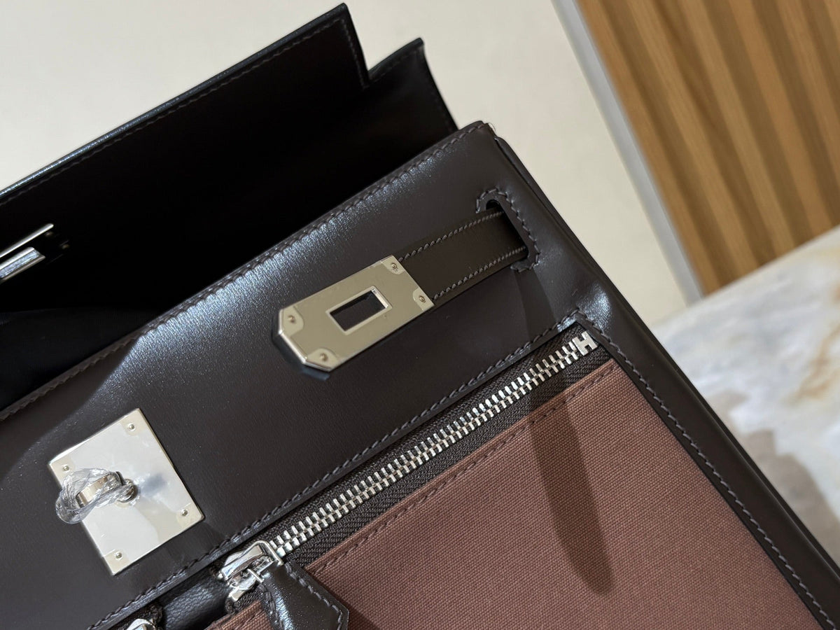 High-end Hermes 2026 Kelly Lakis 32 Bag Black Brown Box Leather And Canvas
