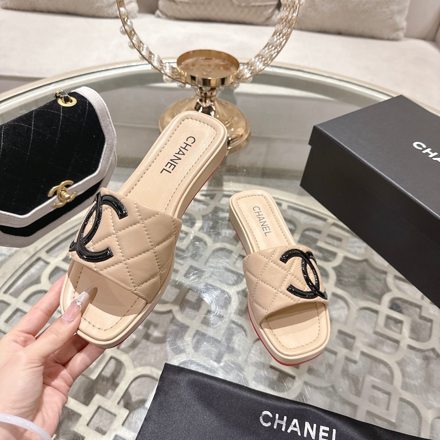 CC 26s Platform Slippers Beige Sheepskin 627070