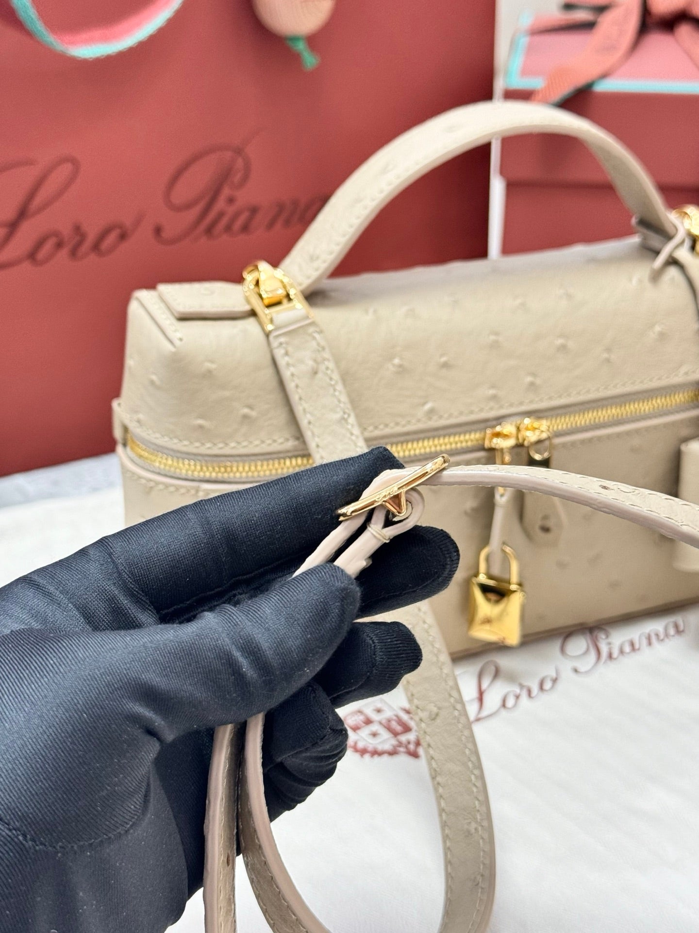 LP 2026 Extra Bag L23 Beige Ostrich Leather With Gold Hardware